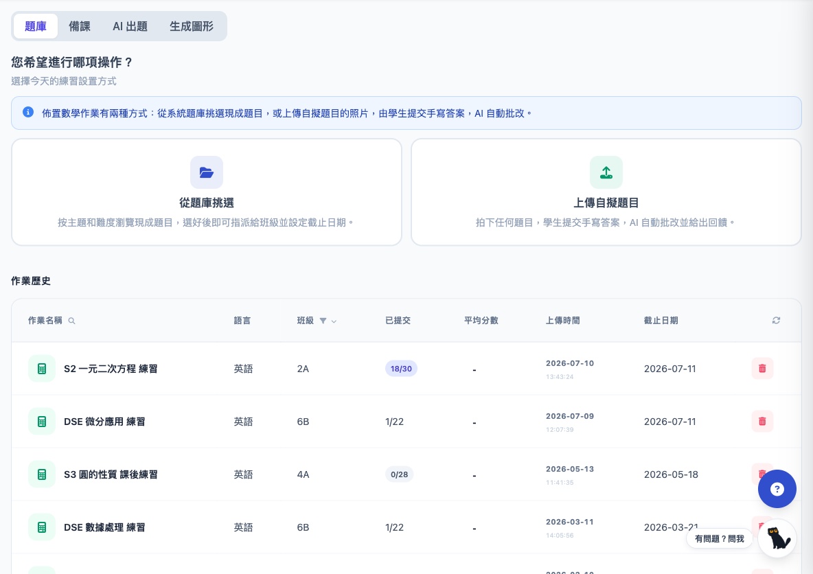 佈置數學作業兩種方式：從題庫挑選現成題目，或上傳自擬題目照片由 AI 批改手寫答案；下方為作業歷史列表